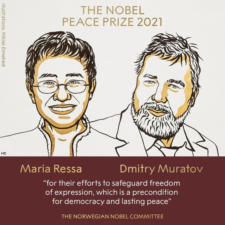 איור של מריה רסה ודימטרי מוראטוב שזכו בפרס נובל לשלום
