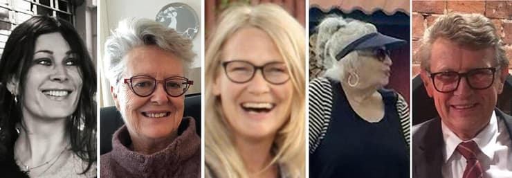 נורבגיה 5 הנרצחים ב טבח ה חץ וקשת מימין לשמאל: גונאר ארלינג סאווה (75), גון מרית' מדסן (78), האנה מרת' אנגלונד (56), ליב בריט בורג (75) ואנדראה מייר (52)