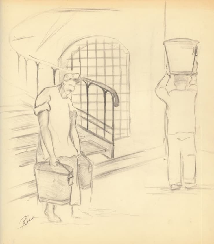 ציוריו של רוברט דסה שצייר בעזרת פחם שנתנו לו בזמן שהיה בכלא המצרי