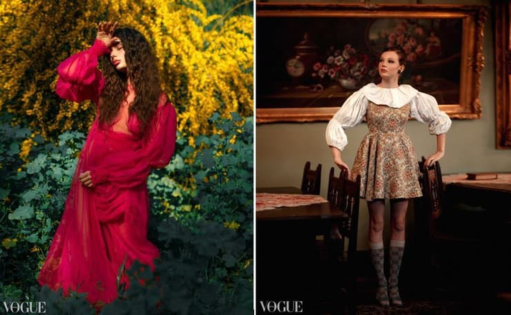 עבודות של חדיג'ה דסוקי שהתפרסמו בווג איטליה: מימין, בהשראת גמביט המלכה, משמאל הפקת אופנה אביבית