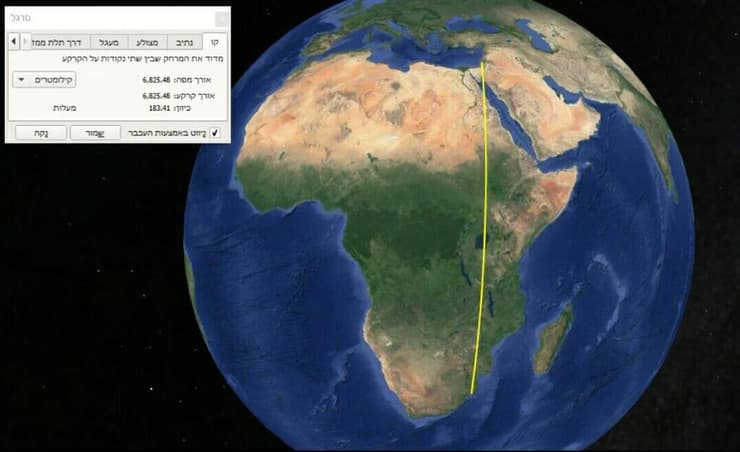 ומפת כיוון התעופה בין שתי הנקודות, בין ישראל ודרום אפריקה