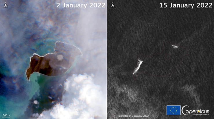 לפני ואחרי התפרצות הר הגעש הונגה-טונגה-הונגה-האפאי ליד טונגה ב האוקיינוס השקט