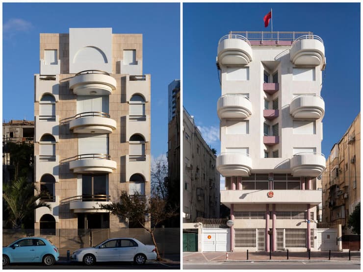 מימין: מבנה שגרירות סין בתל אביב בתכנונם של אדריכלים גדעון בר-און וארנון שרגא, משמאל בניין מגורים בתכנונם של אדריכלים אורי בלומנטל ודן פיקר 