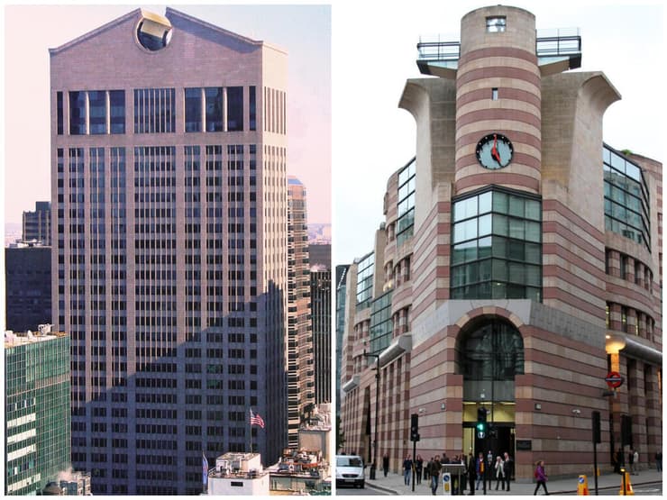 מבנים פוסט-מודרניים שהוכרזו לשימור: מימין בניין פולטרי 1 בלונדון ומשמאל שדרות מדיסון 550 בניו יורק