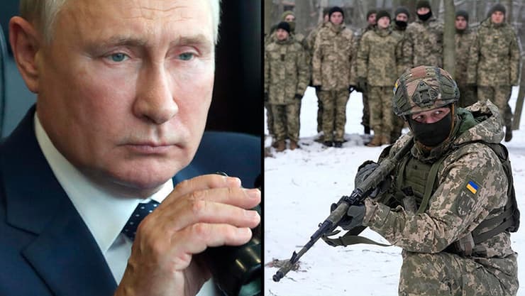 חצי חצי ולדימיר פוטין ומתנדבים ל צבא אוקראינה ב תרגיל הכנות לפלישה של רוסיה