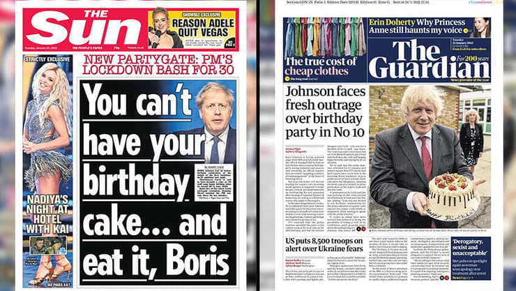 ראש ממשלת בריטניה בוריס ג'ונסון מסיבת יום הולדת הפרות קורונה עיתונים בריטניה סאן