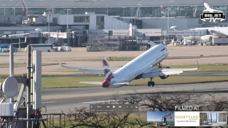 מטוס בריטיש איירווייז מנסה לנחות ברוח חזקה בנמל התעופה הית'רו בלונדון
