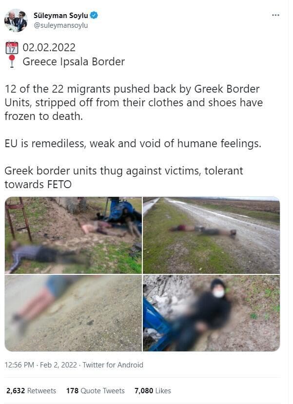 שר הפנים של טורקיה מהגרים קפאו למוות בגבול יוון