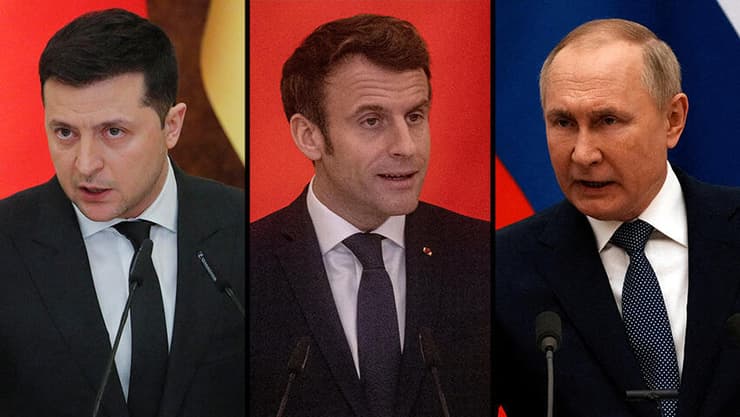 נשיא אוקראינה וולודימיר זלנסקי  נשיא רוסיה ולדימיר פוטין נשיא צרפת עמנואל מקרון 