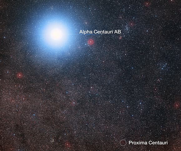 מערכת מרתקת. הכוכב פרוקסימה קנטאורי, שסביבו התגלו שלושה כוכבי לכת, הוא הרבה יותר קטן ועמום מפרוקסימה קנטאורי A ו-B, הנראים בצילום ככוכב אחד