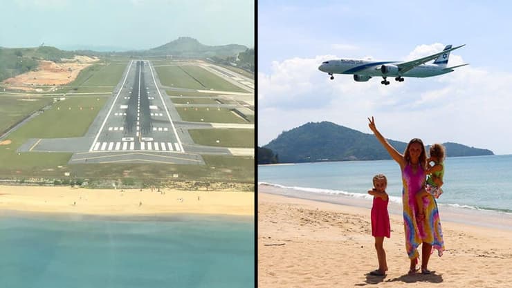 מימין: אליה וילדיה בחוף בפוקט. משמאל: מסלול הנחיתה כפי שצולם מתא הטייס