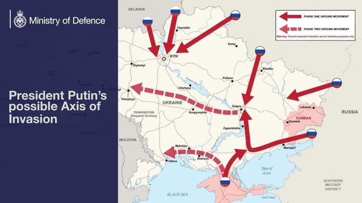 משרד ההגנה של בריטניה פרסם מפה מסלולי פלישה אפשריים של רוסיה ל אוקראינה