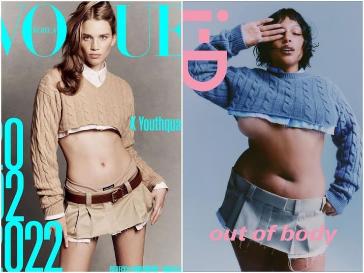 הדוגמנית פלומה אלססר על שער מגזין i-D (מימין) ושער מגזין ווג קוריאה