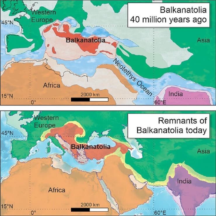 מפה המציגה את בלקנטוליה לפני 40 מיליון שנה וכיום