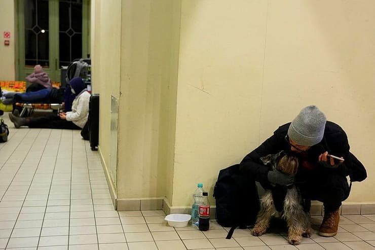 אישה שברחה מאוקראינה יחד עם הכלב שלה, בתחנת רכבת בפולין