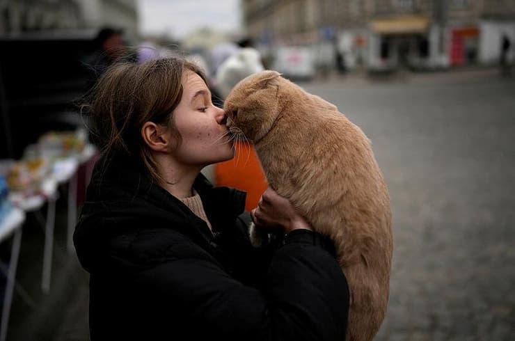 פליטה מאוקראינה, שברחה לפולין, מנשקת את החתול שלה