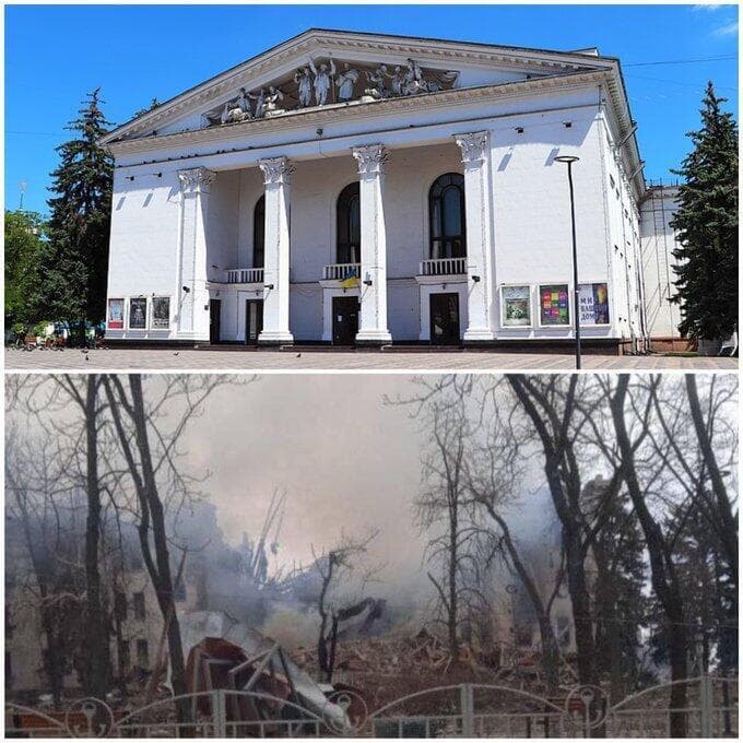 תמונה לפני ואחרי של תיאטרון ש הופצץ על ידי רוסיה ב מריופול אוקראינה 