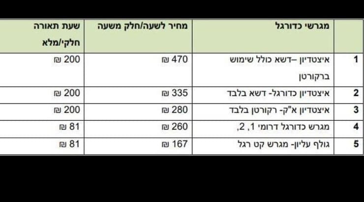 מחירון מגרשי כדורגל (צילום מסך) מחירון מגרשי כדורגל