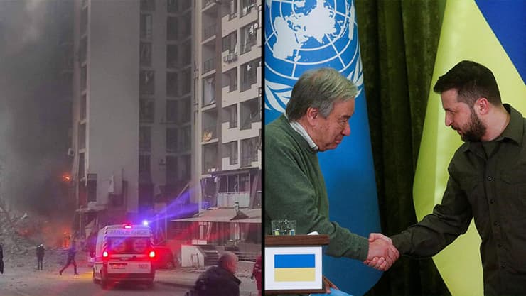 נשיא אוקראינה וולודימיר זלנסקי מסיבת עיתותנאים עם מזכ"ל ה או"ם אנטוניו גוטרש ב קייב