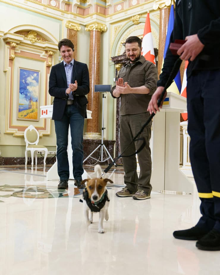 נשיא אוקראינה וולודימיר זלנסקי ראש ממשלת קנדה ג'סטין טרודו מדליה כבוד ל כלב פטרון מפנה מוקשים