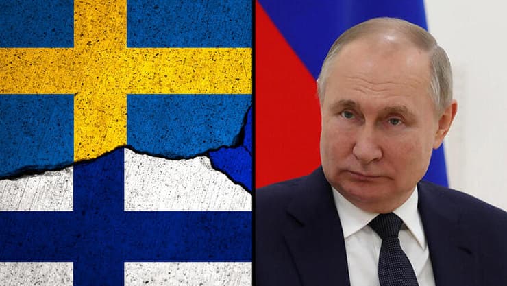 פוטין ודגלי פינלנד ושבדיה. אמר לעמיתו הפיני: "זה תהיה טעות להצטרף לנאט"ו"     