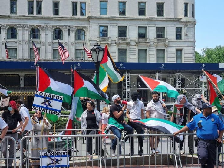 מפגינים בצעדת התמיכה עם דגלי פלסטין