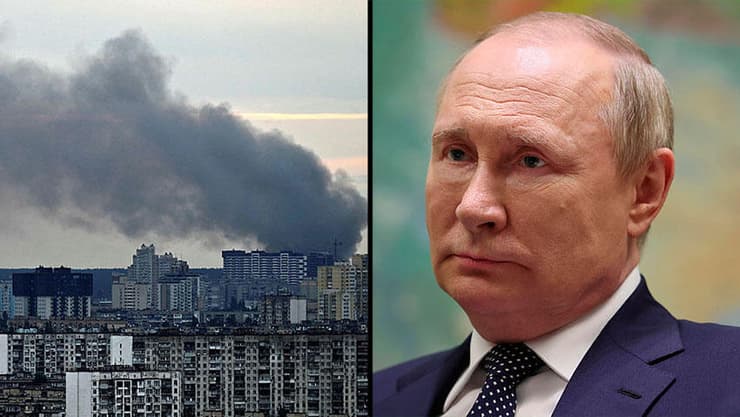 ולדימיר פוטין נשיא רוסיה ועשן אחרי תקיפה רוסית ב קייב אוקראינה