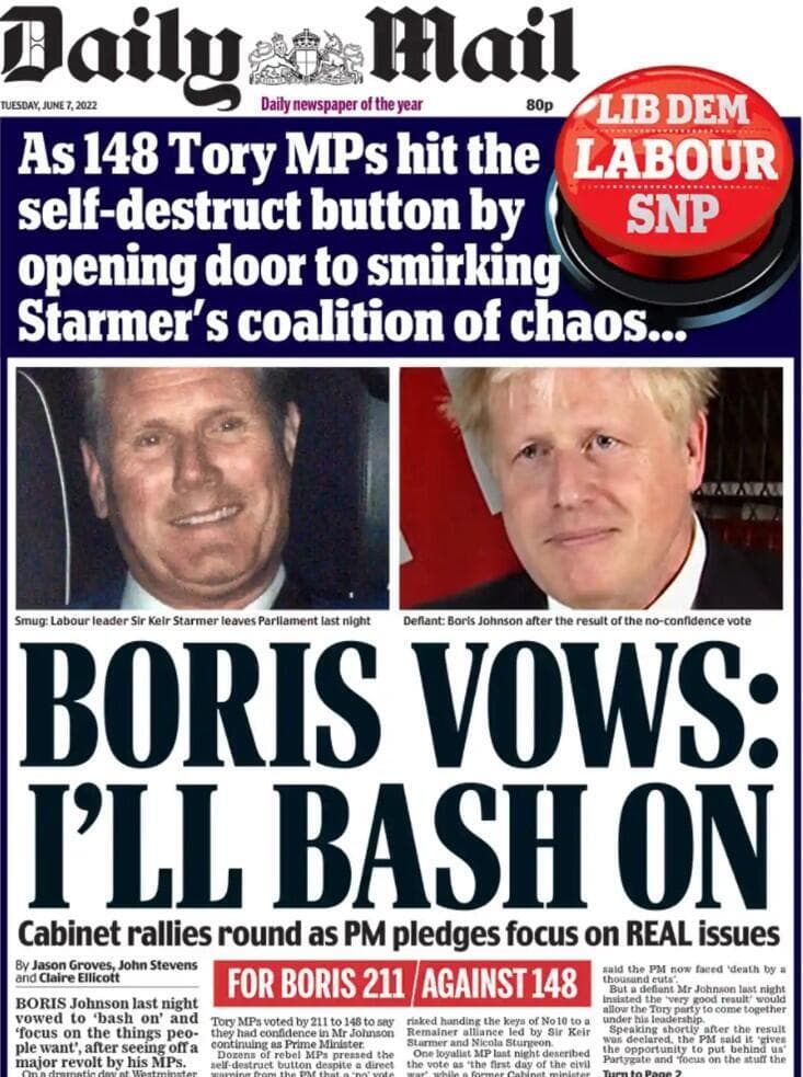 ותרות עיתונים ב בריטניה בבוקר שאחרי הצבעת אי-אמון שאותה שרד בקושי ראש הממשלה בוריס ג'ונסון
