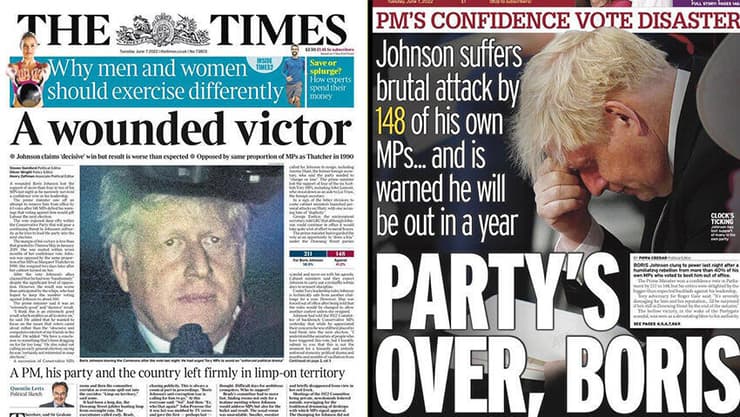 כותרות עיתונים ב בריטניה בבוקר שאחרי הצבעת אי-אמון שאותה שרד בקושי ראש הממשלה בוריס ג'ונסון