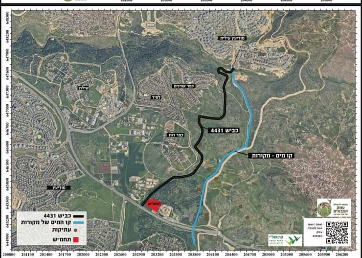 מפה של כביש 4431 המתוכנן ותחנת החשמל (באדום)