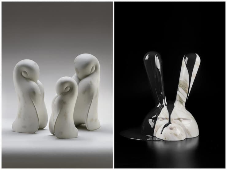 מימין: דמות ארנב ומשפחת פינגווינים שיצר כרמון