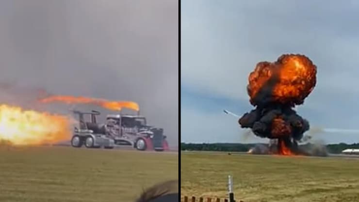 תיעוד תאונה של משאית עם מנועי סילון במופע אווירי ב מישיגן ארה"ב