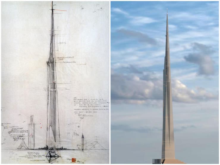 מימין: הדמיית מגדל "האלינוי" של פרנק לויד רייט. משמאל: סקיצה שיצר לויד רייט