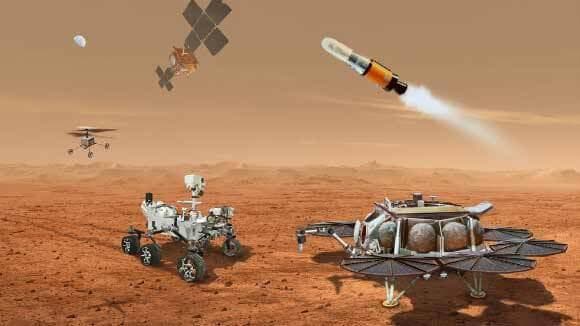 משימה רבת מרכיבים. איור של נחתת המאדים עם הטיל שאמור להמריא עם הדגימות, רכב פרסבירנס, מסוק, וחללית האיסוף