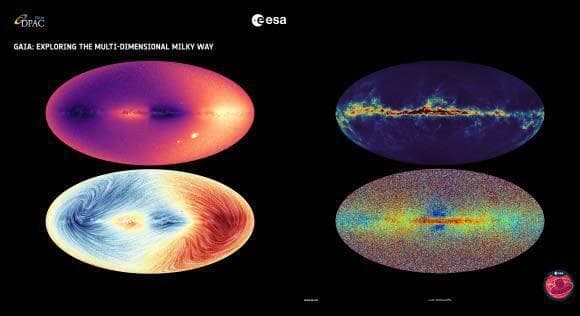 אוצרות של מידע. ארבע מפות של שביל החלב שיוצרו על פי פרמטרים שונים שמדד טלסקופ החלל גאיה 