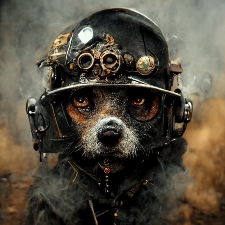 תמונה שנוצרה מהמשפט: "A Soldier Dog With Helmet, Steampunk"