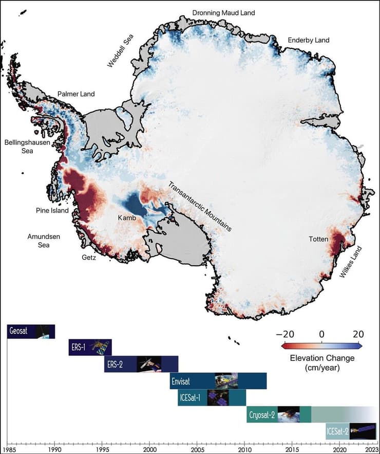 שינויים בגובה של מעטה הקרח באנטארקטיקה מ-1985 עד 2021 (צבוע באדום במקומות בו הוא יורד וצבוע בכחול במקומות בו הוא עולה - מדפי הקרח מוצגים באפור)