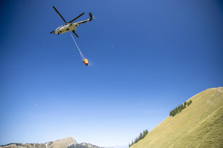 מסוק של צבא שווייץ משנע מים עבור פרות באזורי הרי האלפים