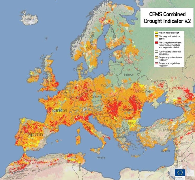 מפה שפרסמו באיחוד האירופי המציגה אזהרות בצורת ברחבי אירופה
