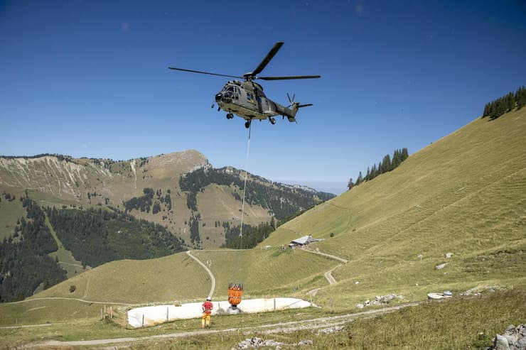 מסוק של צבא שווייץ משנע מים עבור פרות באזורי הרי האלפים
