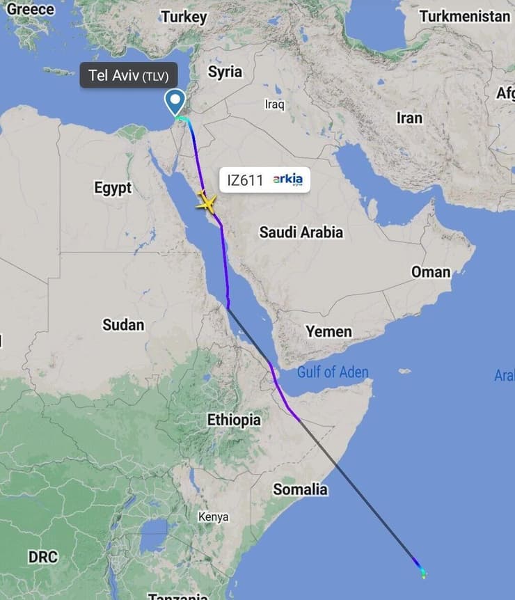 מסלול טיסת ארקיע לסיישל מעל סעודיה בפעם הראשונה