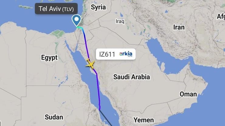 מסלול טיסת ארקיע לסיישל מעל סעודיה בפעם הראשונה
