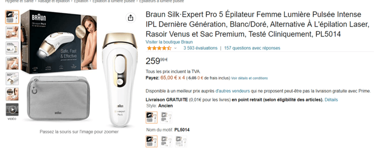 מכשיר להסרת שיער ב-809 שקלים באמזון צרפת. לפני שנה אותו מחיר באירו היה שווה ל-940 שקלים 