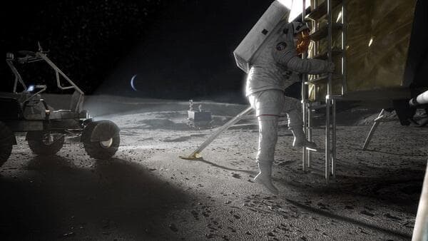 חוזרים, והפעם כדי להישאר. הדמיה של אסטרונאוט או אסטרונאוטית ירדים אל פני הירח במשימת ארטמיס 3
