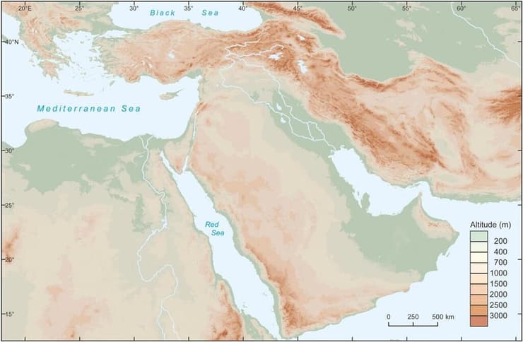 מפה טופוגרפית של אזור המזרח התיכון