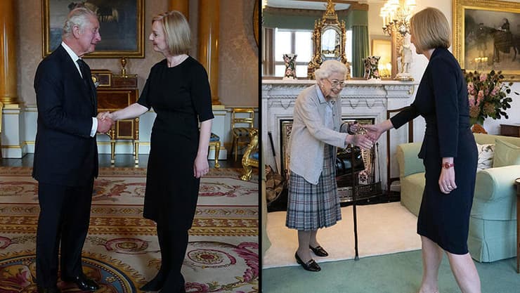 ראש ממשלת בריטניה ליז טראס בפגישה עם המלכה אליזבת ב 6.9.22 וכעבור שלושה ימים עם המלך צ'רלס בארמון בקינגהאם לונדון