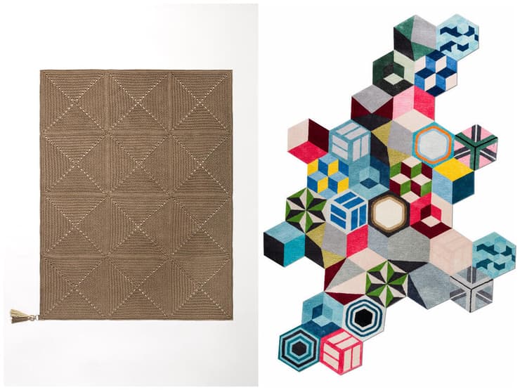 מימין: שטיח בהתאמה אישית של ראגס אנד קו; שטיח בעבודת יד של iota