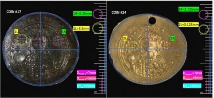 השוני במיקום וגודל הכוכבים על המטבע שהוטבע בתקופת שלטונו של קונסטנטינוס התשיעי 