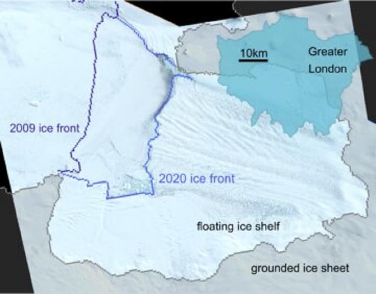 קצב הנסיגה של קרחון פיין איילנד מ-2009 ל-2020