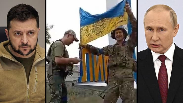 פוטין, זלנסקי והחיילים שצילמו עצמם מניפים את דגל אוקראינה ליד העיירה לימאן 